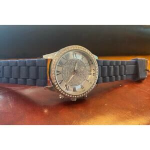 Women's silver Tone Charming Charlie Watch, Crystal Accents, Black Poly Band